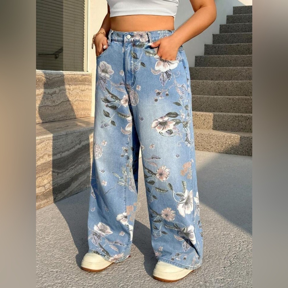 NWOT Stylish Y2K 90s Streetwear High Waist Floral Print Wide Leg Loose Jeans